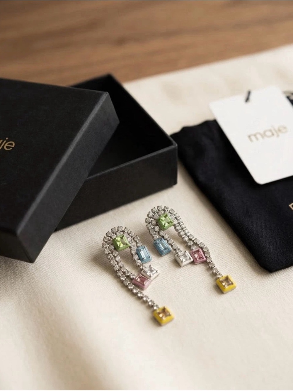 Maje Multicolor Crystal Link Drop Earrings - Green, Blue, Pink, Yellow, White - Picture 3 of 3